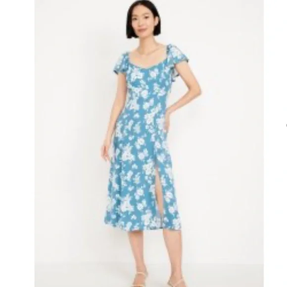 Flutter-Sleeve Crepe Midi Dress, blue with white floral, size XL NWT - Picture 10 of 10